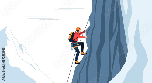 Adventurous Climber Ascends Steep Mountain Face With Backpack and Safety Gear