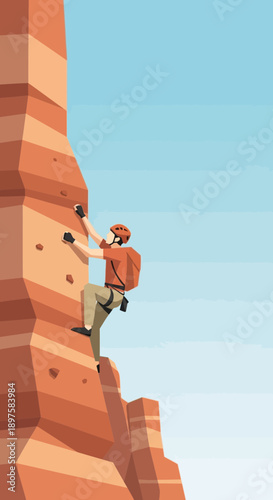 Adventurous Climber Ascends Towering Rock Face Under Expansive Blue Sky