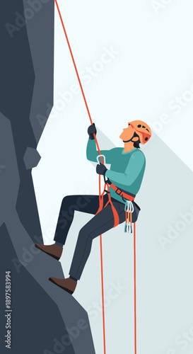 Adventurous Climber Descends Rugged Mountain Face With Rope Safety Gear