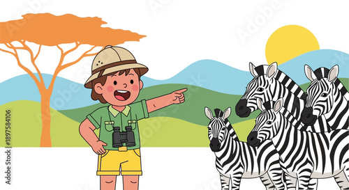 Adventurous Explorer Boy Points Towards Zebras in Safari Landscape