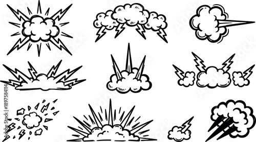 Black and white comic style explosive clouds with lightning bolts in various dynamic bursts and energy spikes vector set