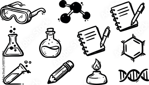 Hand drawn vector set of chemistry lab equipment molecule dna notebook pencil and lab goggles icons in black outline style scientific tools collection