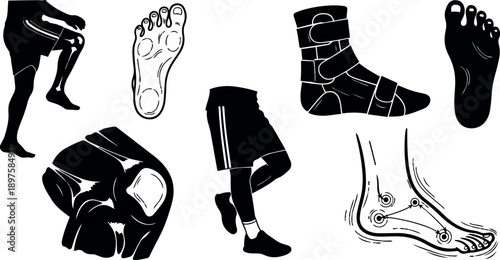 Black and white vector set showing sports injury leg pain and foot anatomy with bandage and pressure points illustrations