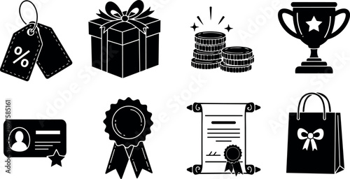 Minimalist black and white vector icons set featuring discount tags, gift box, coins, trophy, certificate, and shopping bag design
