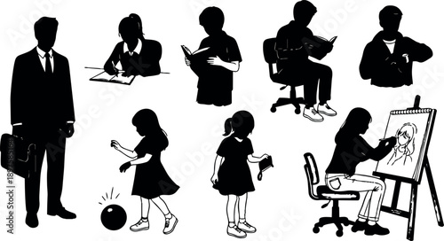 Silhouette vector art of people reading, drawing, writing, and playing with ball in various poses isolated on white background
