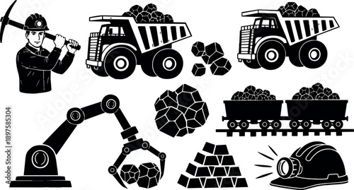 Black and white vector set of mining equipment including dump trucks, miner with pickaxe, robotic arm, coal piles, railway carts, and safety helmet