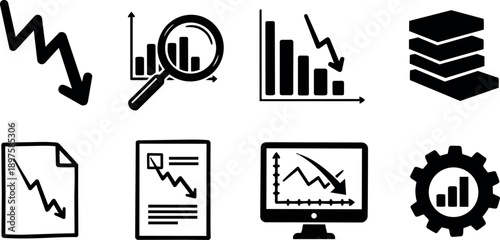 Black icons set showing downward trending graphs analysis with document reports magnifying glass and data visualization illustrations