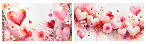Watercolor Floral Hearts Composition on Transparent Background for Valentine’s Day Designs, Romantic Posters, Greeting Cards, Wedding Decor, Prints and Digital Backgrounds.