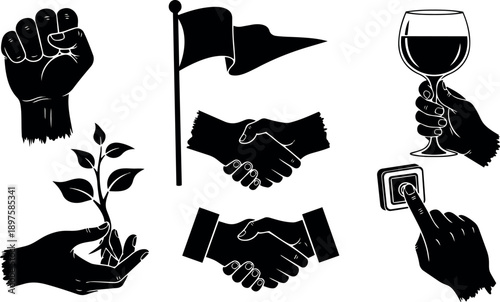 Stencil vector set showing raised fist, handshake duo, waving flag, hand holding plant, hand holding wine glass, finger pressing button