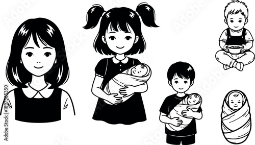 Manga style close up and full body children holding newborn babies in monochrome vector group composition, smiling siblings looking at camera, gentle