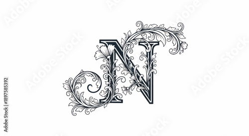 Ornate decorative letter N featuring intricate botanical filigree and vintage monogram design.
