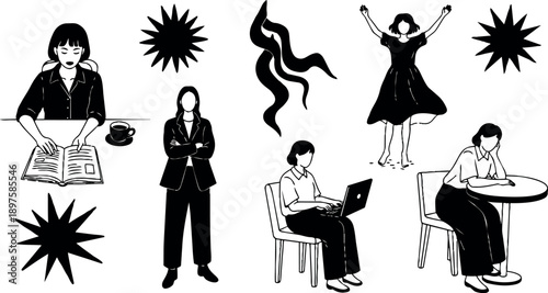 Black and white vector art of diverse women in different poses reading typing and celebrating with abstract shapes in minimal style