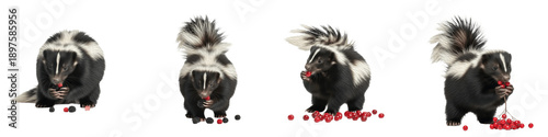 Tableau sur toile Set and Collection of Skunks Eating Red Berries, Striped Skunk Wildlife Feeding
