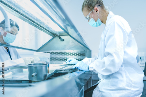 Bilde på lerret Lab technician working behind glass sash of fume hood for safety