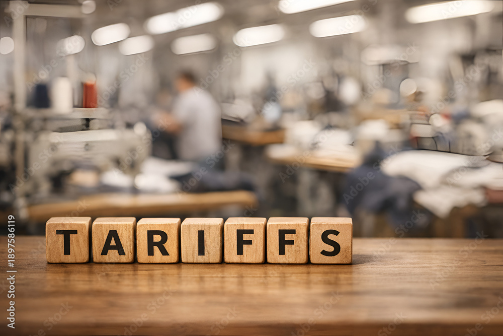 Fototapeta premium Manufacturing Tariffs Concept: Wooden Blocks Spelling Tariffs in Garment Factory