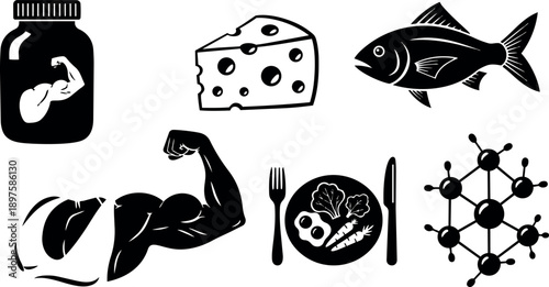 Black silhouette icons of muscle arm, protein supplement jar, cheese wedge, fish, healthy meal plate and molecular nutrition concept