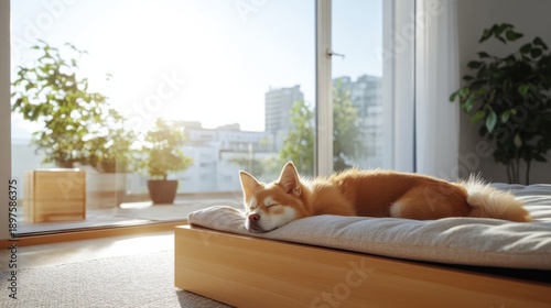Peaceful Shiba Inu dog sleeping on a comfortable bed in a sunlit modern apartment with large windows and lush green plants, conveying tranquility and domestic bliss.