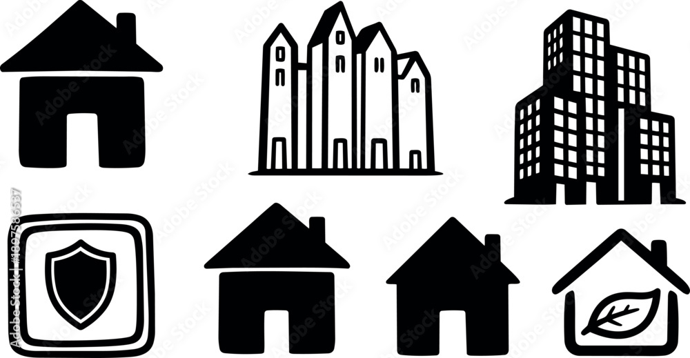 Fototapeta premium Hand drawn black silhouette icons of houses buildings shield and eco home vector set on white background