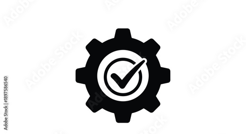 Black gear icon with a checkmark inside a striking silhouette