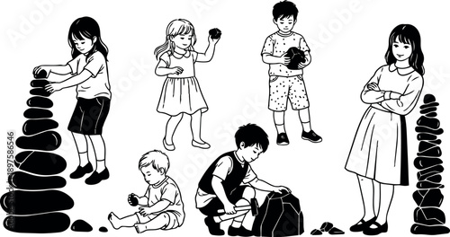 Black and white vector art showing children stacking and playing with stones in minimalist style depicting teamwork and play