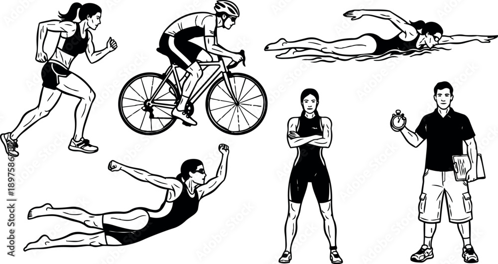 Fototapeta premium Line art triathlon athletes set showing runner cycling swimmer coach with stopwatch standing front view dynamic action silhouettes training vector