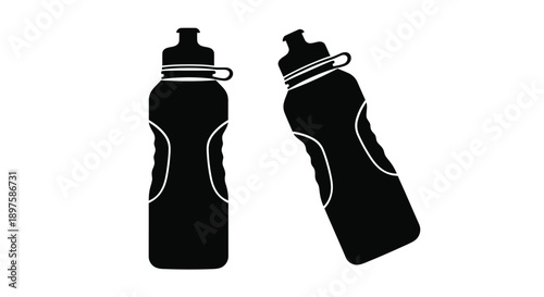 Two black water bottles stand side by side a stark silhouette
