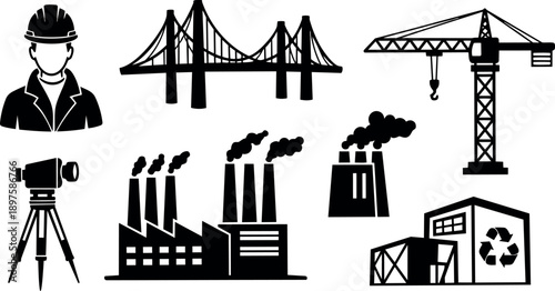 Black silhouette vector set of construction worker engineer tripod bridge crane factory and recycling warehouse icons
