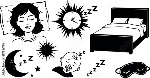 Black and white vector art of sleeping woman baby bed clock moon and sleep mask with zzz symbols peaceful rest theme