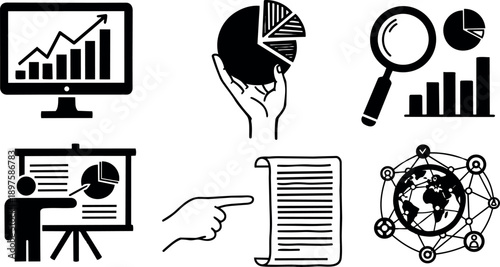 Flat design business analytics icon set showing hand holding pie chart, presenter pointing at chart, magnifier and global network icons