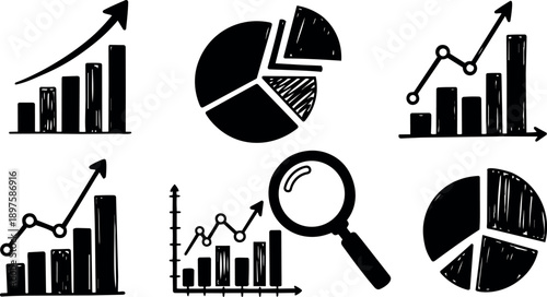 Hand drawn black and white growth charts and pie charts with magnifying glass icon analysis and upward arrow indicators
