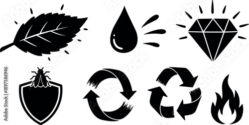 Black silhouette icons set including leaf water drop diamond insect shield two recycling arrows and fire flame symbols