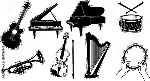 Black and white vector art collection of classic musical instruments guitar piano violin trumpet harp drum tambourine with hands holding
