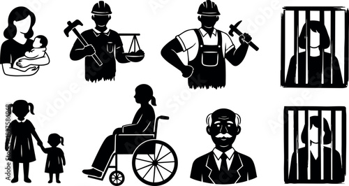 Silhouette icons of mother holding baby, two workers with hammer and scales, children holding hands, person in wheelchair, elderly man and prisoners behind bars