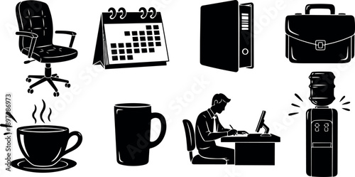 Black silhouette icons of office chair, calendar, binder, briefcase, coffee cup, mug, man working at desk, water cooler in minimalist style
