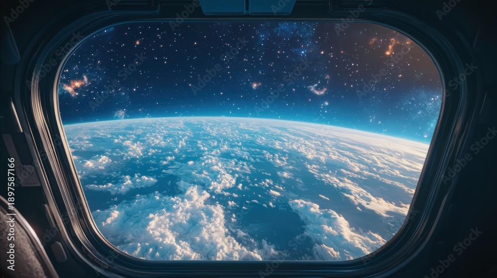 Fototapeta premium View of Earth from space through an airplane or spacecraft window, showing swirling clouds over the blue planet, with stars and distant galaxies in the background.