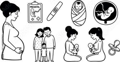 Black and white line art pregnant woman family newborn baby breastfeeding baby pacifier prenatal care icons collection