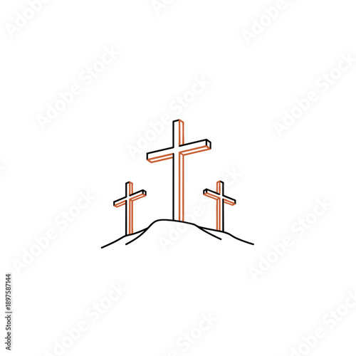 Three wooden crosses on the mountain, at the place of the crucifixion. The Christian symbol of faith, repentance and resurrection. Vector illustration.
