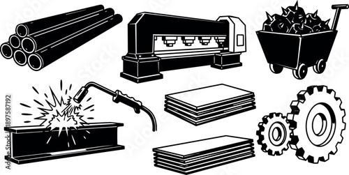 Black and white vector art set of industrial metalworking tools welding machine mining cart and steel pipes illustration