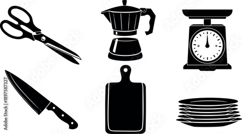 Black silhouette kitchen utensils set including scissors knife moka pot scale cutting board and stacked plates vector art