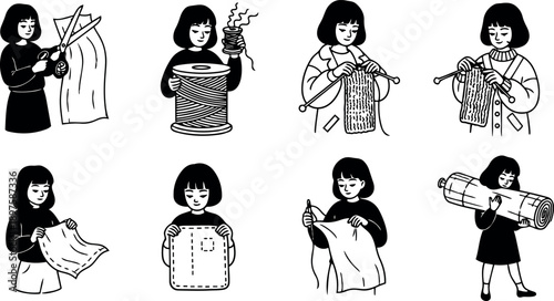 Black and white linear style woman cutting fabric knitting sewing holding rolled textile crafting tools set