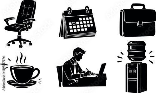 Silhouette office worker typing on laptop with coffee cup calendar briefcase water cooler vector art