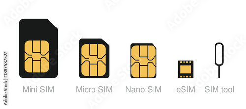 Set of different SIM cards and sim tool. SIM card icon vector. ESIM icon vector. SIM card sign and symbol vector.