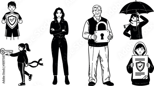 Black and white vector art of diverse people holding security icons shield key lock umbrella document in protective poses