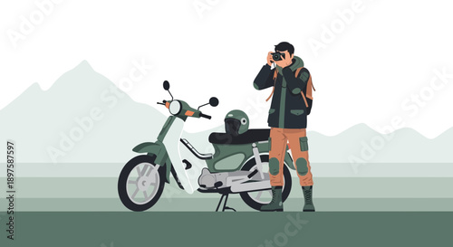 Adventurous Explorer Capturing Scenic Mountain Views with Retro Motorcycle