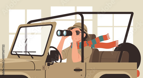 Adventurous Explorer Gazing Through Binoculars While Driving Off-Road Vehicle