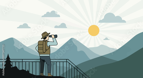 Adventurous Explorer Gazing Through Binoculars At Majestic Mountain Vista