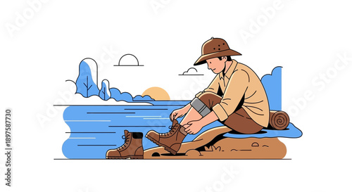 Adventurous Man Prepares For Expedition By Tying Hiking Boots Near Water At Sunrise