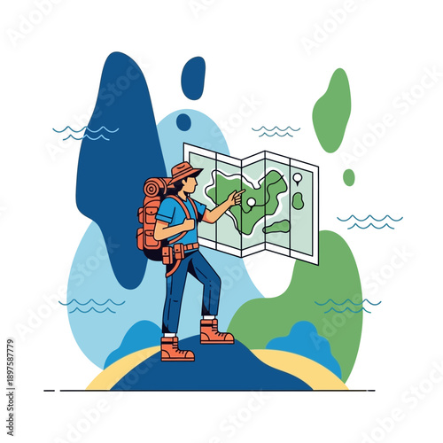 Adventurous Explorer Navigates With Map Amidst Stylized Landscape