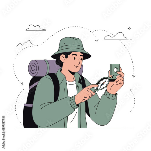 Adventurous Explorer Navigates With Compass During Outdoor Expedition