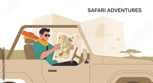 Adventurous Explorer Navigating Wilderness Safari by Offroad Vehicle